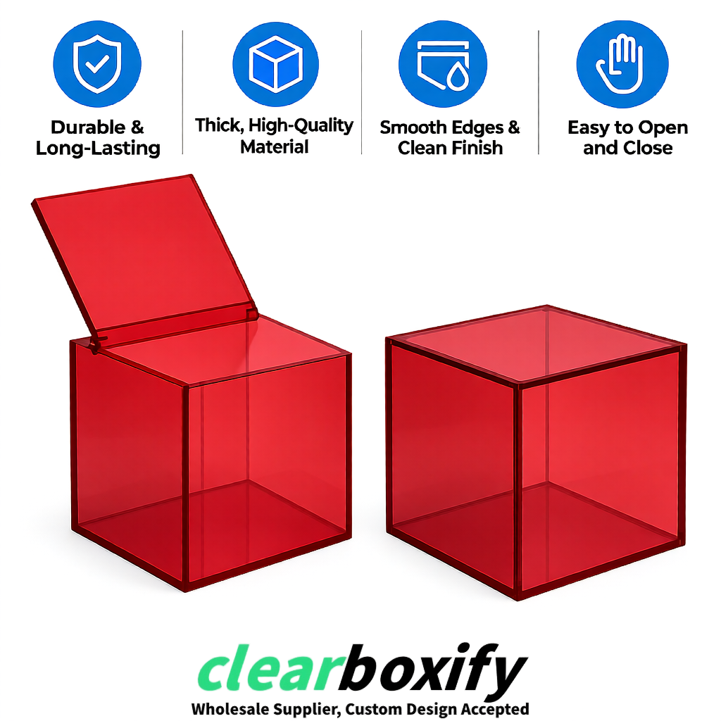 Matte Red Clear Acrylic Square Boxes With Lid 5x5x5 inch Anti Dust Durable Storage Box