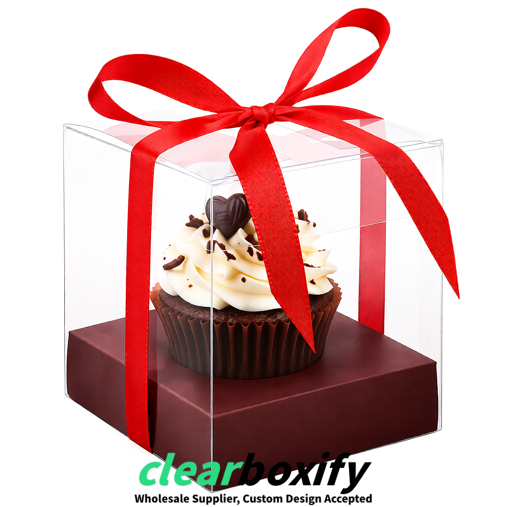 Clear Individual Cupcake Boxes with Matte Red Base Square 3.5 inch Plastic Cupcake Carrier with Ribbon