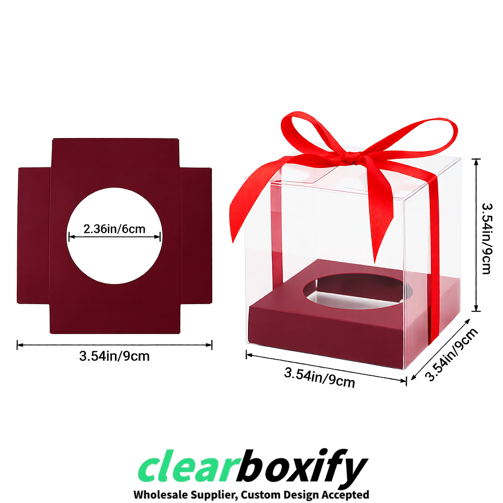Clear Individual Cupcake Boxes with Matte Red Base Square 3.5 inch Plastic Cupcake Carrier with Ribbon