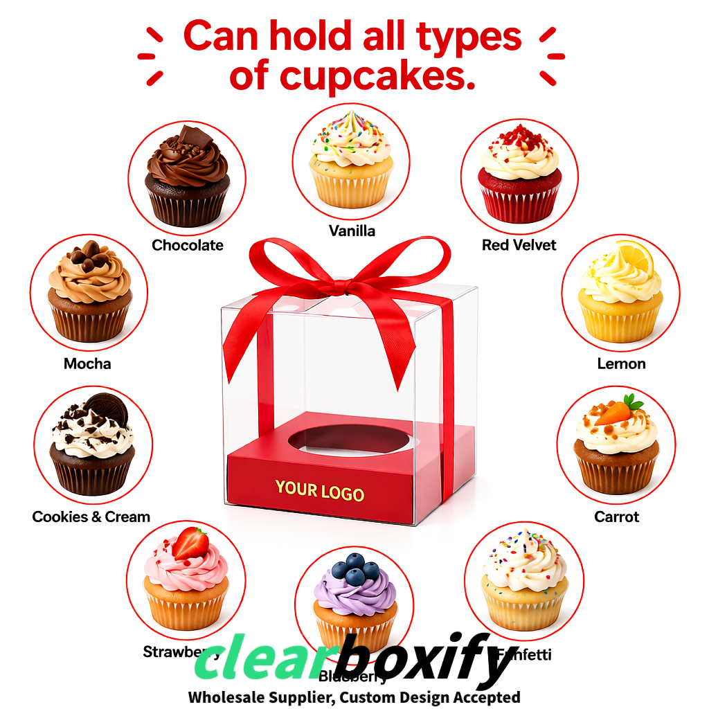 Clear Individual Cupcake Boxes with Matte Red Base Square 3.5 inch Plastic Cupcake Carrier with Ribbon