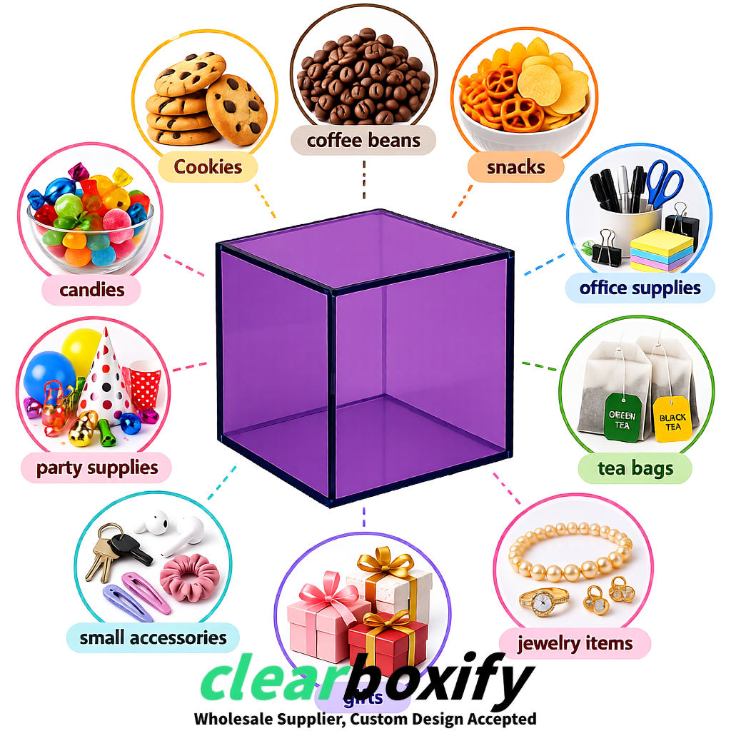 Mauve Clear Acrylic Square Boxes With Lid 5x5x5 inch Anti Dust Durable Storage Box