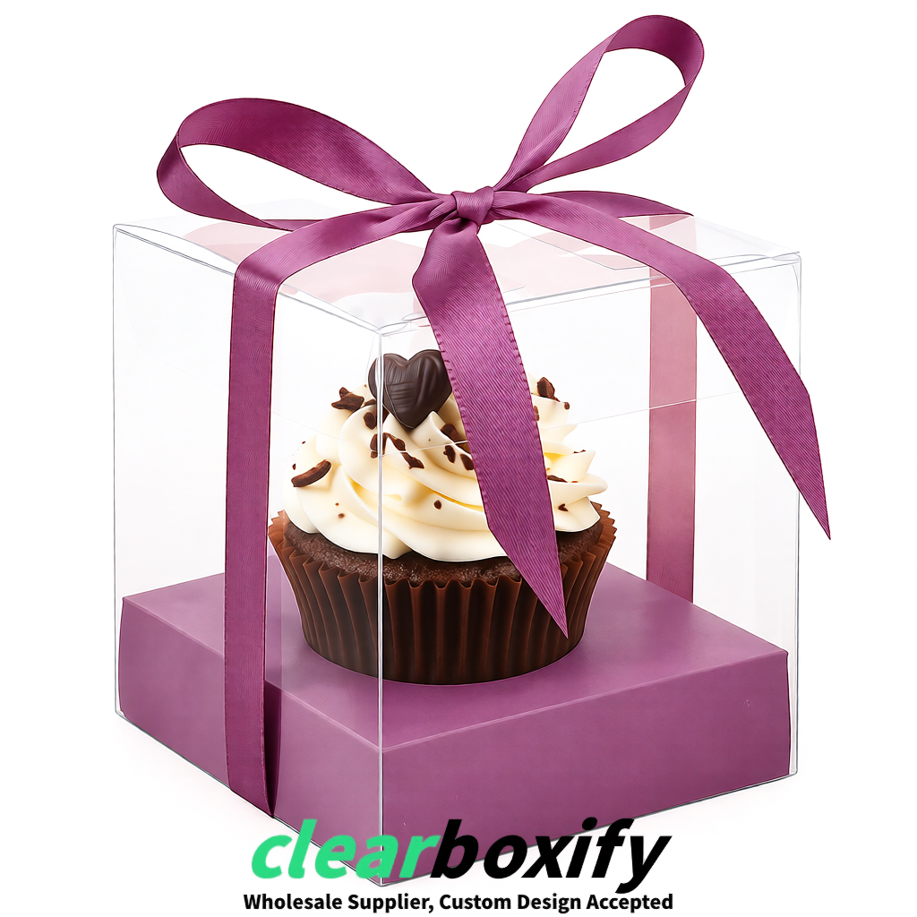 Clear Individual Cupcake Boxes with Mauve Base Square 3.5 inch Plastic Cupcake Carrier with Ribbon