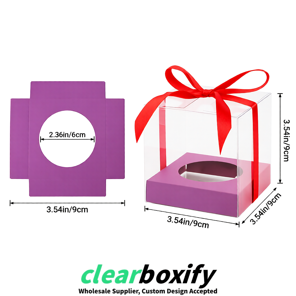 Clear Individual Cupcake Boxes with Mauve Base Square 3.5 inch Plastic Cupcake Carrier with Ribbon