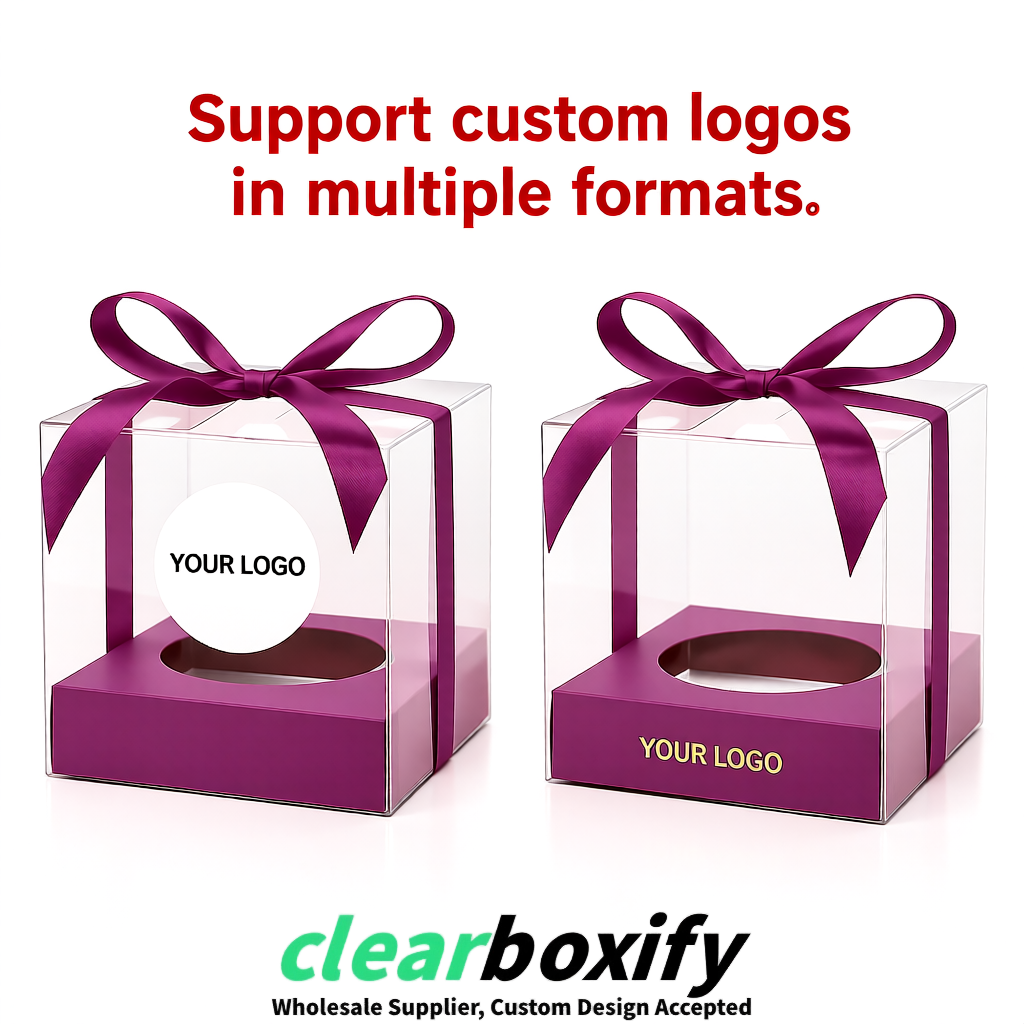 Clear Individual Cupcake Boxes with Mauve Base Square 3.5 inch Plastic Cupcake Carrier with Ribbon