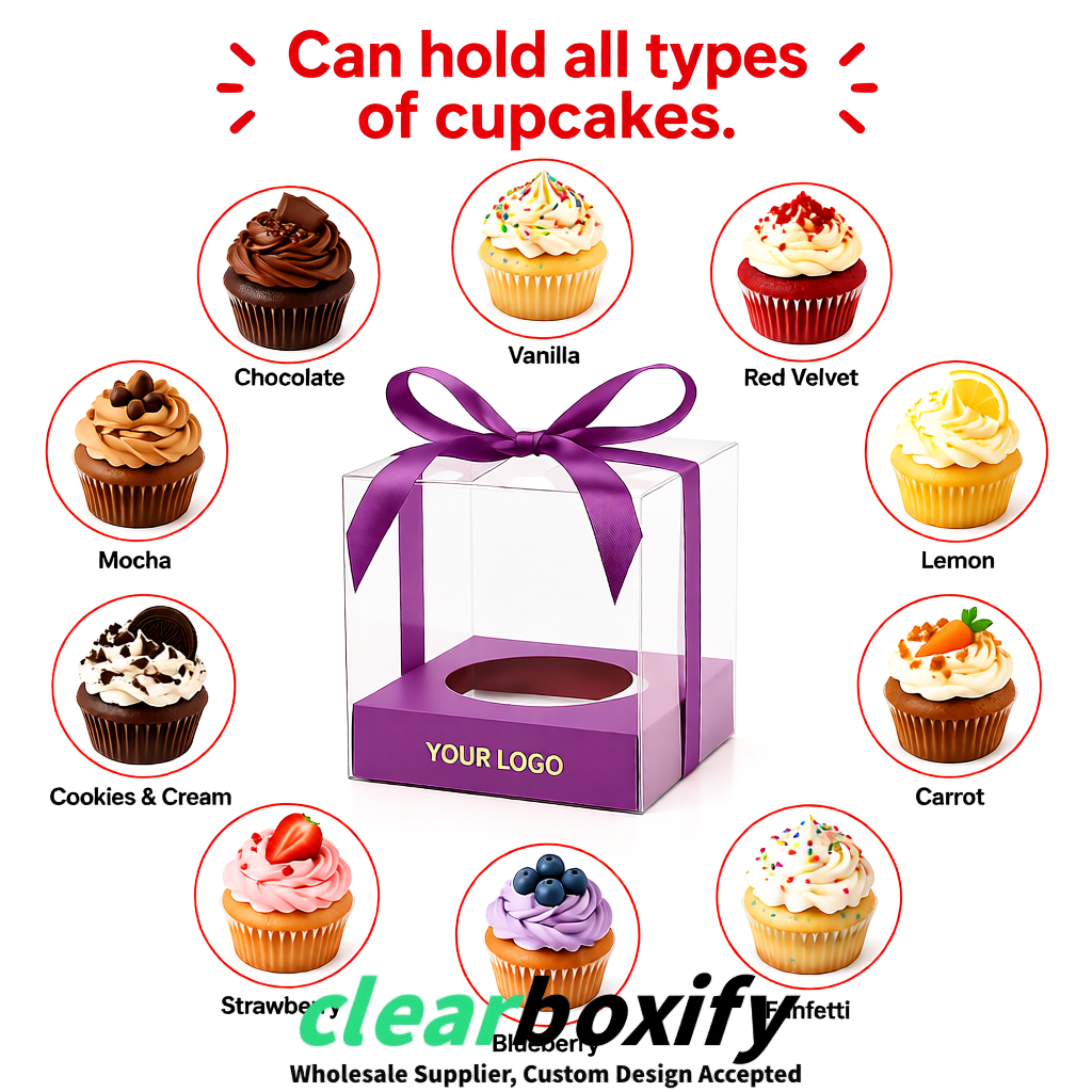 Clear Individual Cupcake Boxes with Mauve Base Square 3.5 inch Plastic Cupcake Carrier with Ribbon