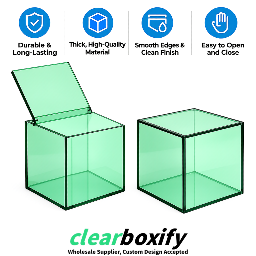 Mint Green Clear Acrylic Square Boxes With Lid 5x5x5 inch Anti Dust Durable Storage Box