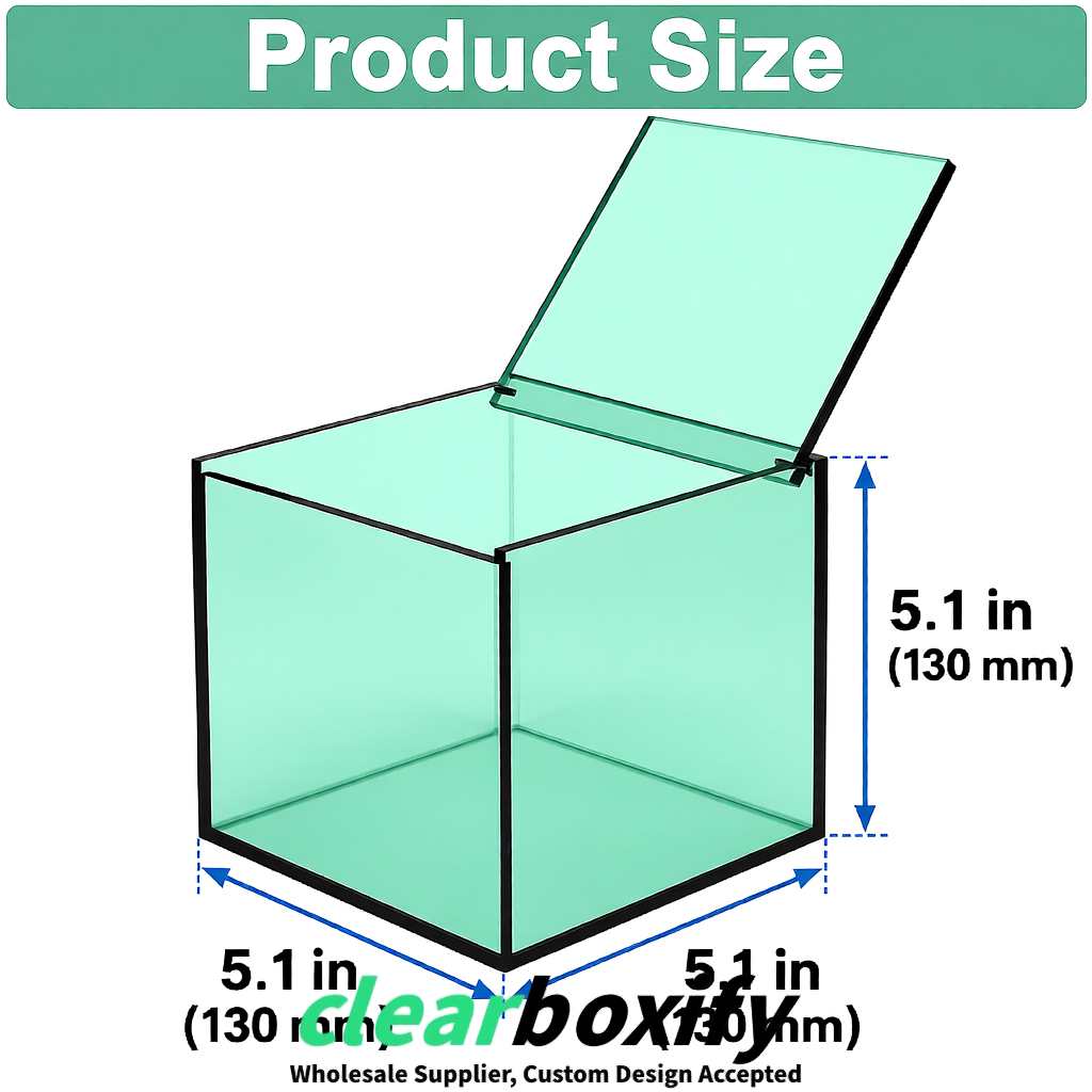 Mint Green Clear Acrylic Square Boxes With Lid 5x5x5 inch Anti Dust Durable Storage Box