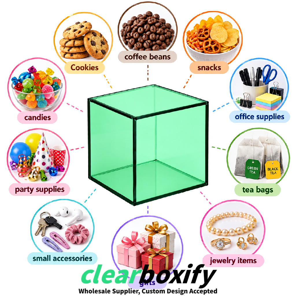 Mint Green Clear Acrylic Square Boxes With Lid 5x5x5 inch Anti Dust Durable Storage Box