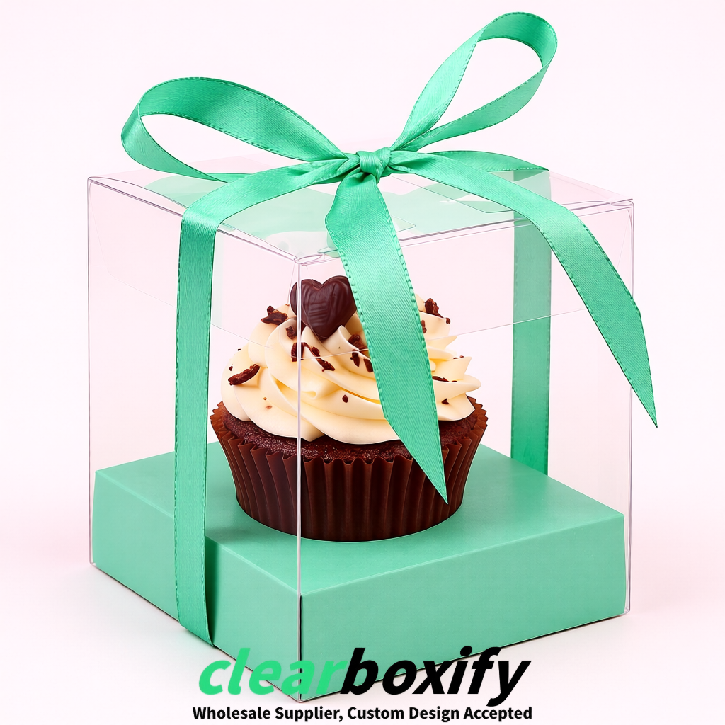 Clear Individual Cupcake Boxes with Mint Green Base Square 3.5 inch Plastic Cupcake Carrier with Ribbon