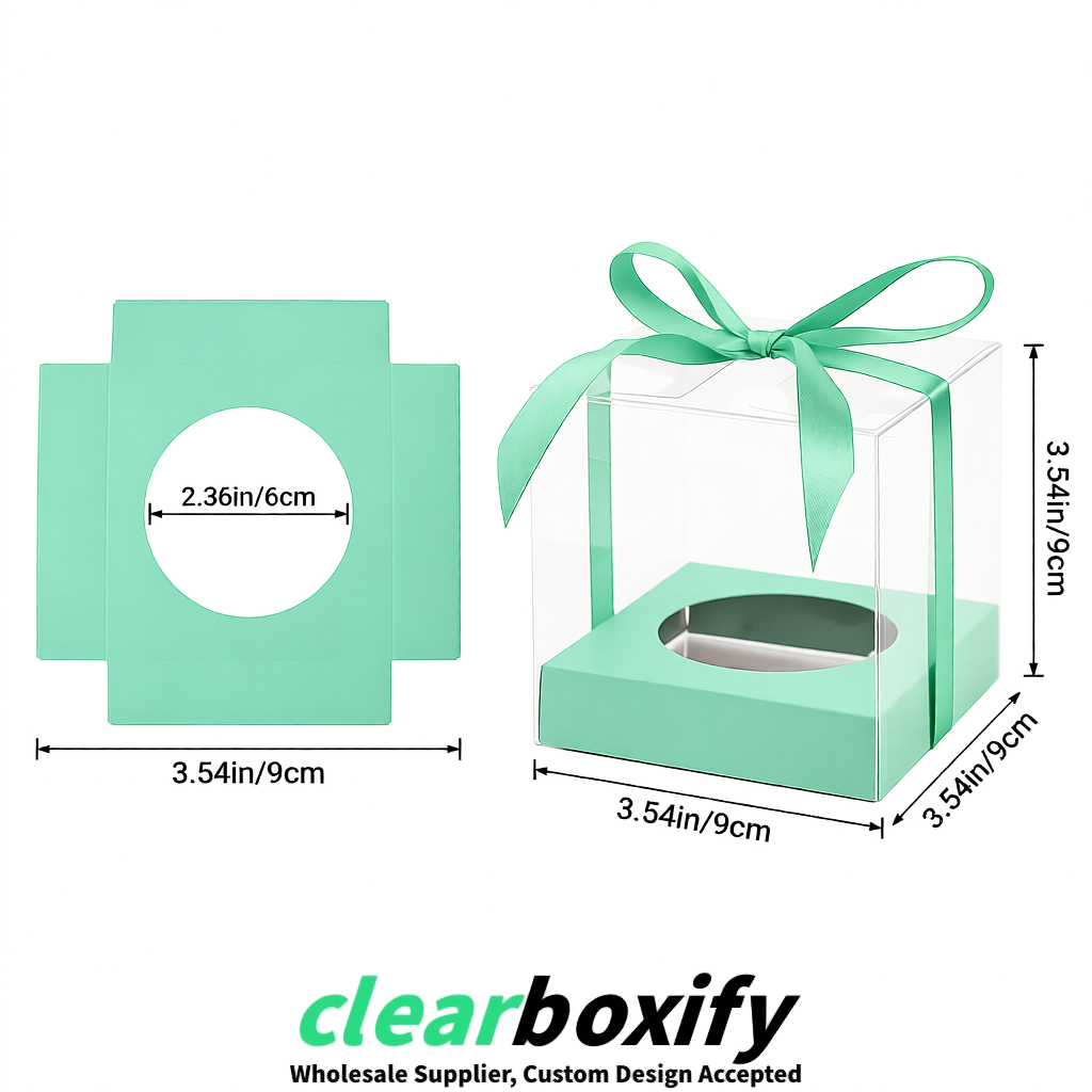 Clear Individual Cupcake Boxes with Mint Green Base Square 3.5 inch Plastic Cupcake Carrier with Ribbon