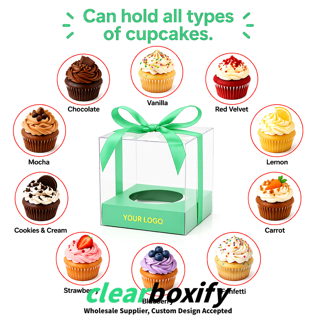 Clear Individual Cupcake Boxes with Mint Green Base Square 3.5 inch Plastic Cupcake Carrier with Ribbon