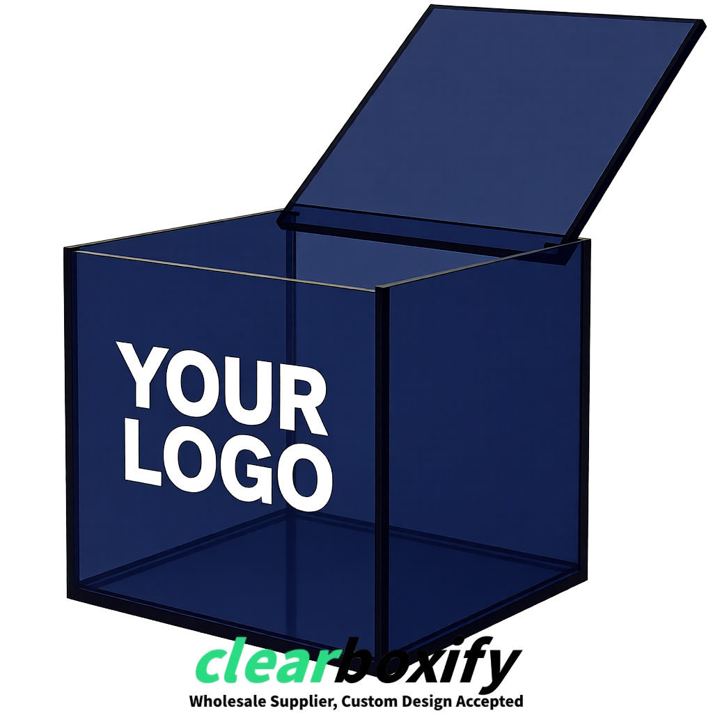 Navy Blue Clear Acrylic Square Boxes With Lid 5x5x5 inch Anti Dust Durable Storage Box