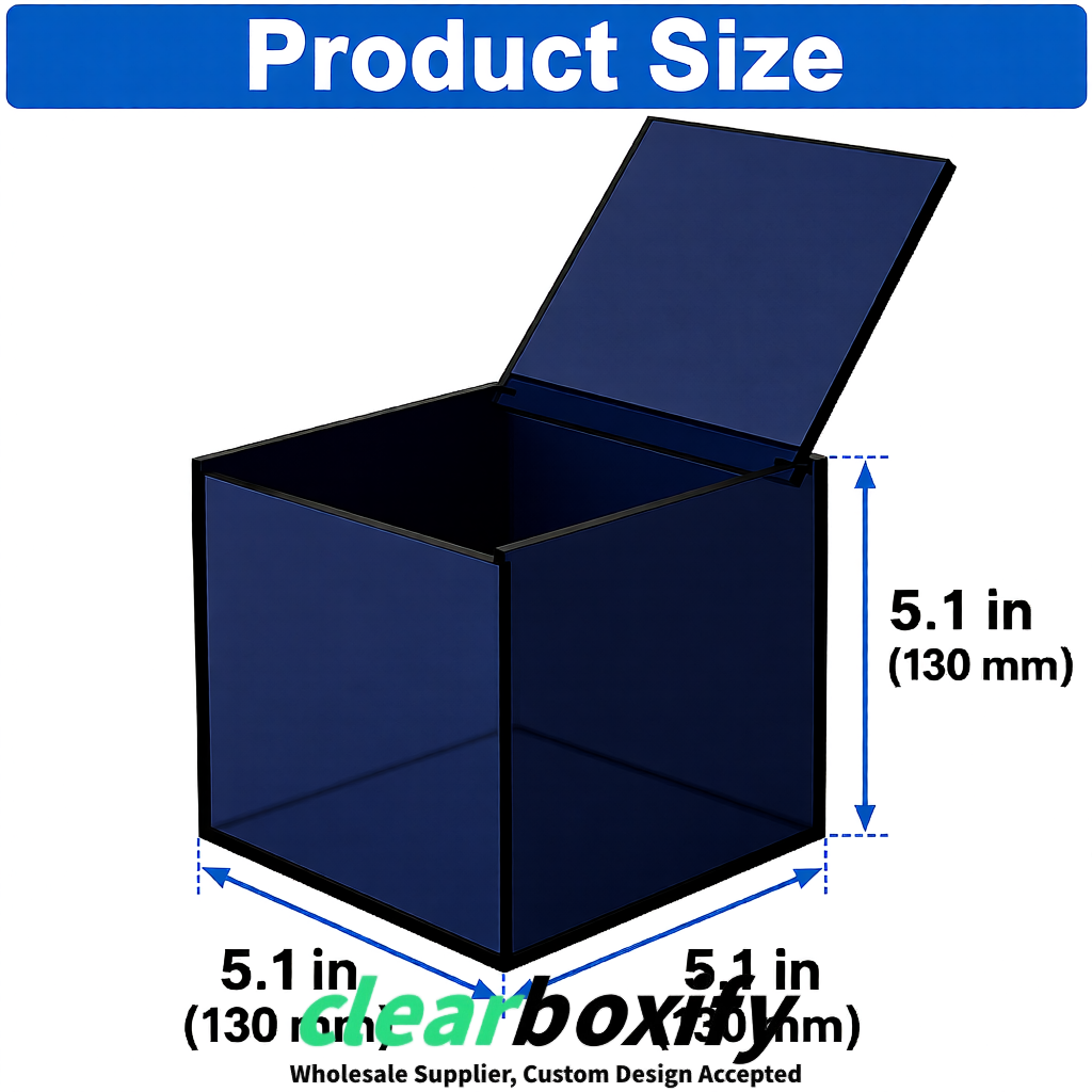 Navy Blue Clear Acrylic Square Boxes With Lid 5x5x5 inch Anti Dust Durable Storage Box