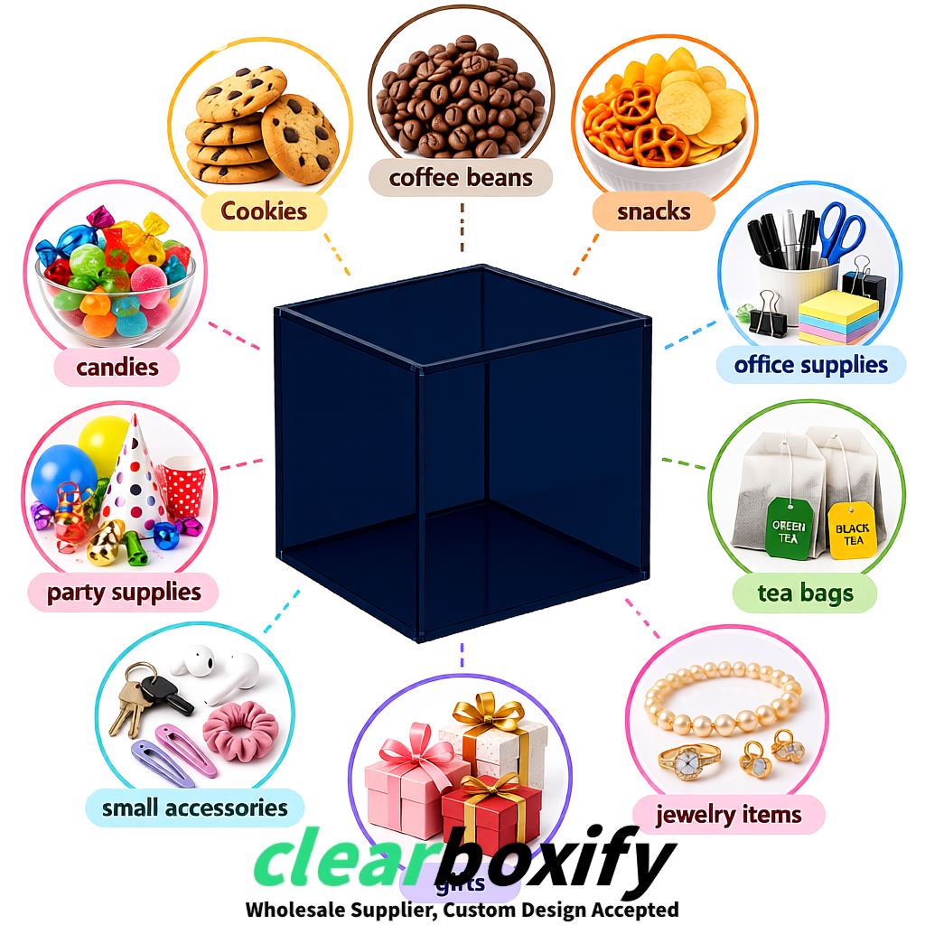 Navy Blue Clear Acrylic Square Boxes With Lid 5x5x5 inch Anti Dust Durable Storage Box