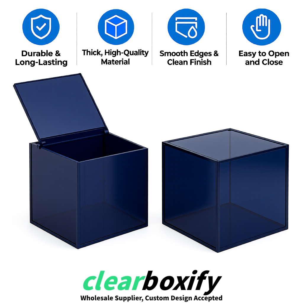 Navy Blue Clear Acrylic Square Boxes With Lid 5x5x5 inch Anti Dust Durable Storage Box
