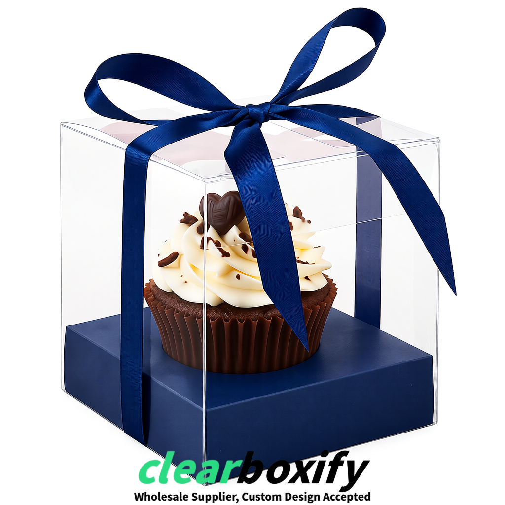 Clear Individual Cupcake Boxes with Navy Blue Base Square 3.5 inch Plastic Cupcake Carrier with Ribbon