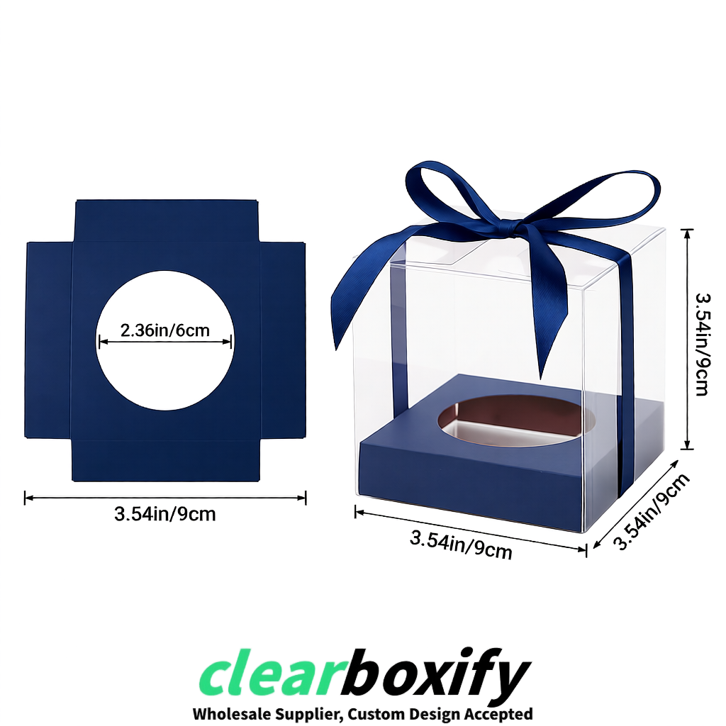 Clear Individual Cupcake Boxes with Navy Blue Base Square 3.5 inch Plastic Cupcake Carrier with Ribbon