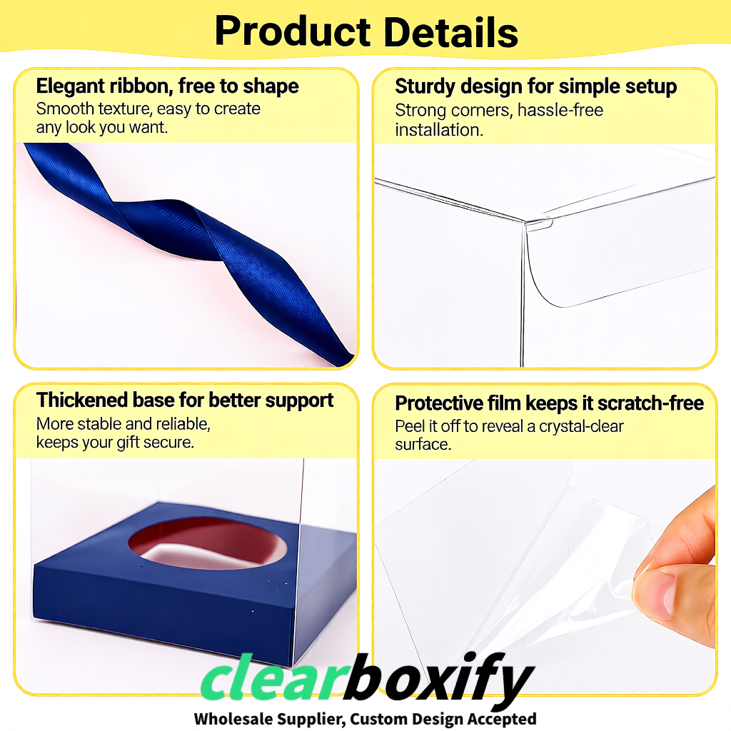 Clear Individual Cupcake Boxes with Navy Blue Base Square 3.5 inch Plastic Cupcake Carrier with Ribbon