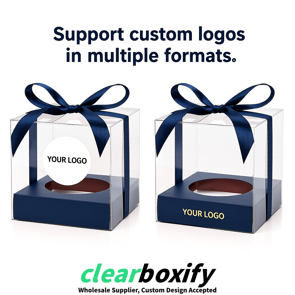 Clear Individual Cupcake Boxes with Navy Blue Base Square 3.5 inch Plastic Cupcake Carrier with Ribbon