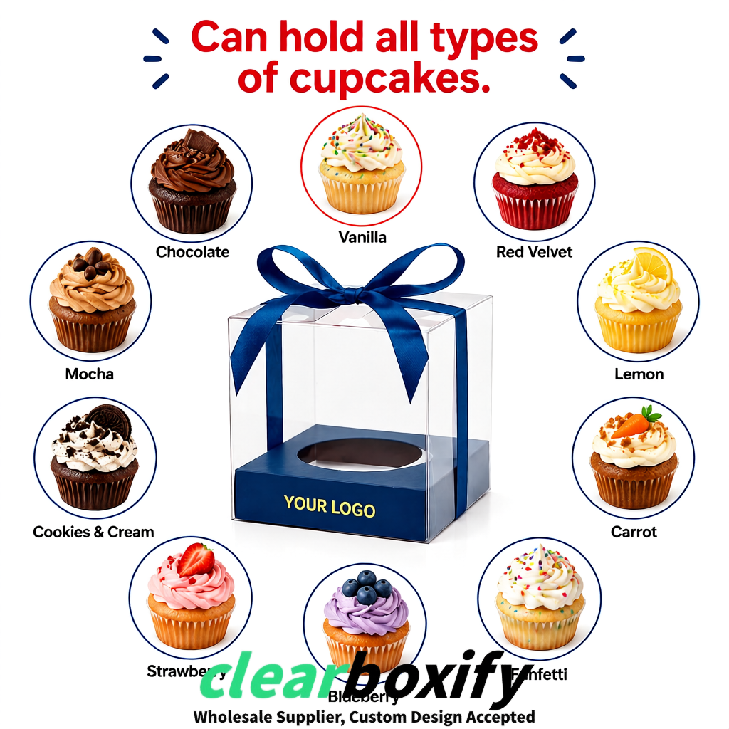 Clear Individual Cupcake Boxes with Navy Blue Base Square 3.5 inch Plastic Cupcake Carrier with Ribbon Clear Individual Cupcake Boxes with Navy Blue Base Square 3.5 inch Plastic Cupcake Carrier with Ribbon