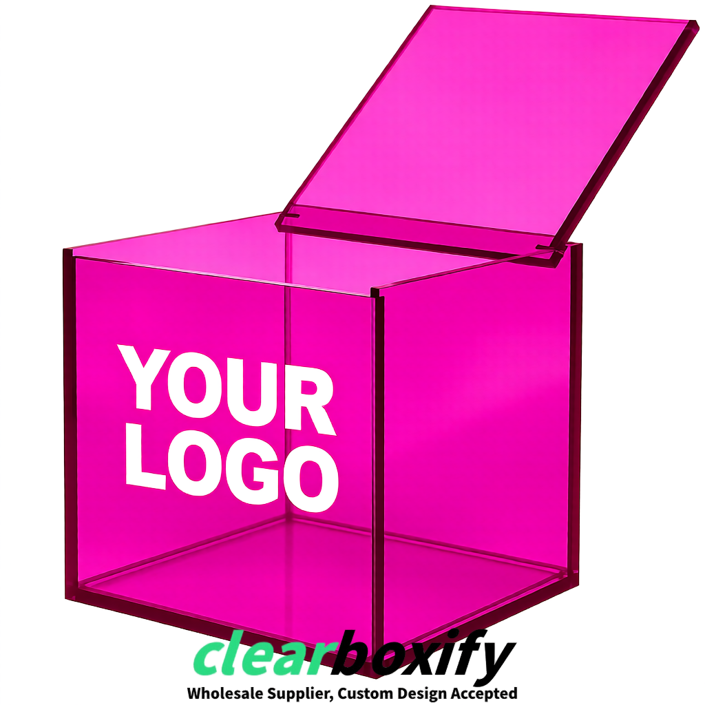 Neon Pink Clear Acrylic Square Boxes With Lid 5x5x5 inch Anti Dust Durable Storage Box