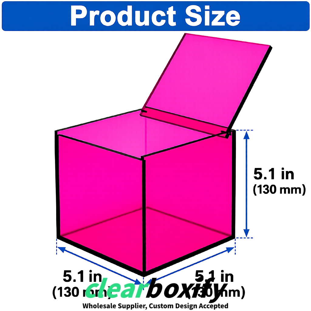 Neon Pink Clear Acrylic Square Boxes With Lid 5x5x5 inch Anti Dust Durable Storage Box