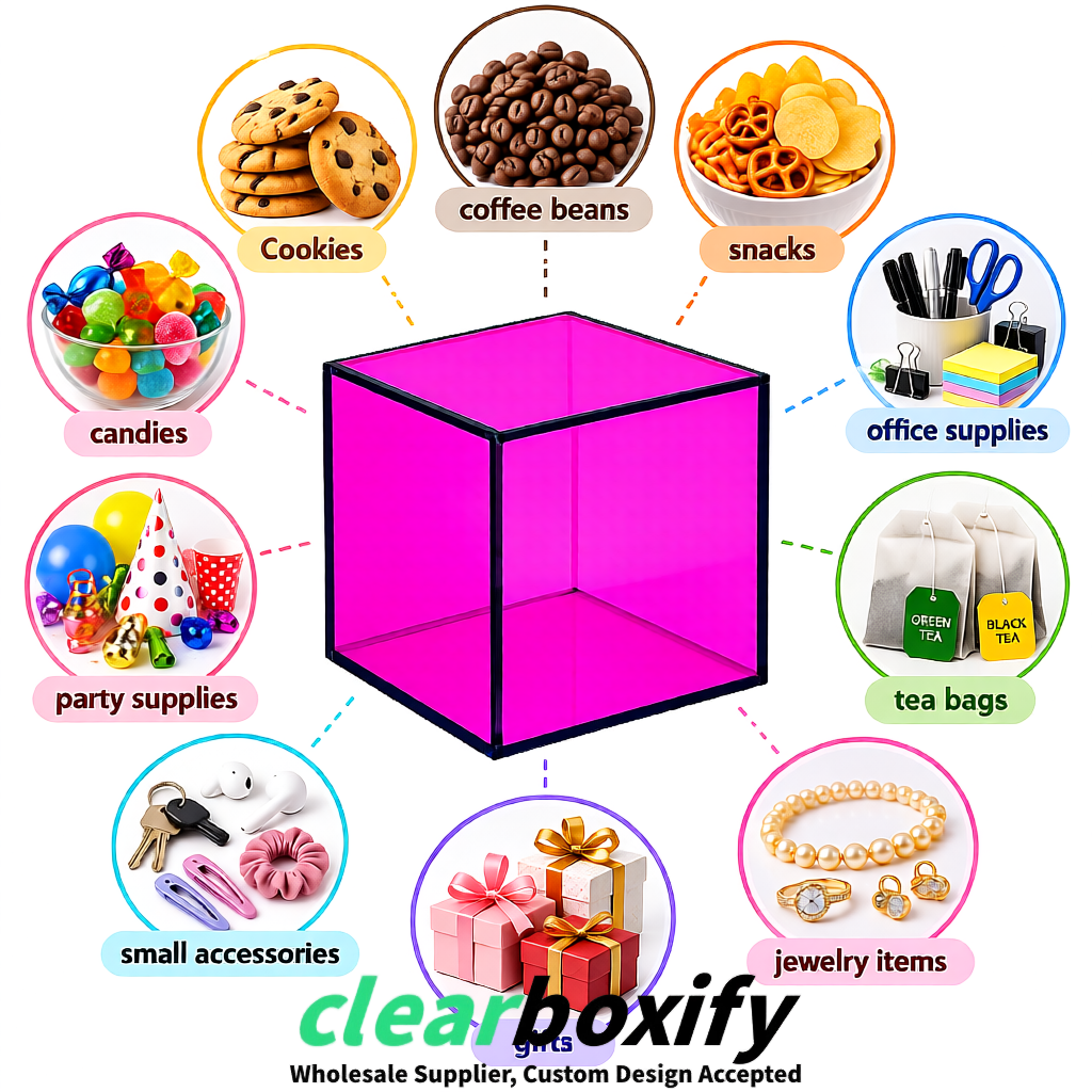 Neon Pink Clear Acrylic Square Boxes With Lid 5x5x5 inch Anti Dust Durable Storage Box