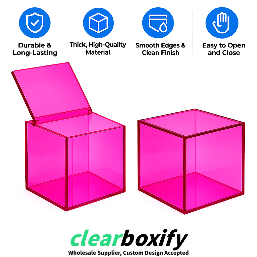 Neon Pink Clear Acrylic Square Boxes With Lid 5x5x5 inch Anti Dust Durable Storage Box