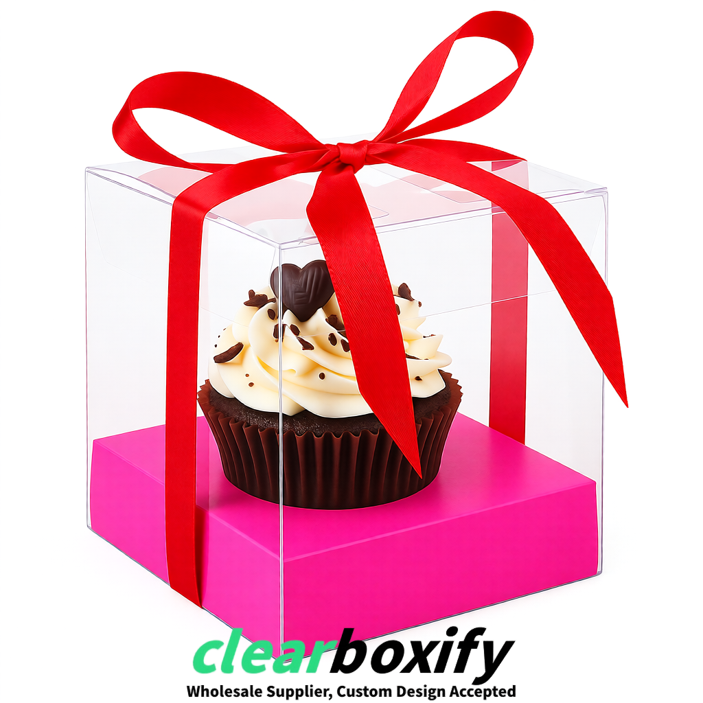 Clear Individual Cupcake Boxes with Neon Pink Base Square 3.5 inch Plastic Cupcake Carrier with Ribbon