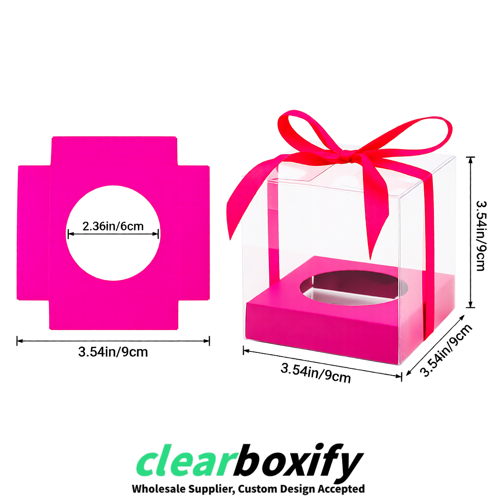 Clear Individual Cupcake Boxes with Neon Pink Base Square 3.5 inch Plastic Cupcake Carrier with Ribbon