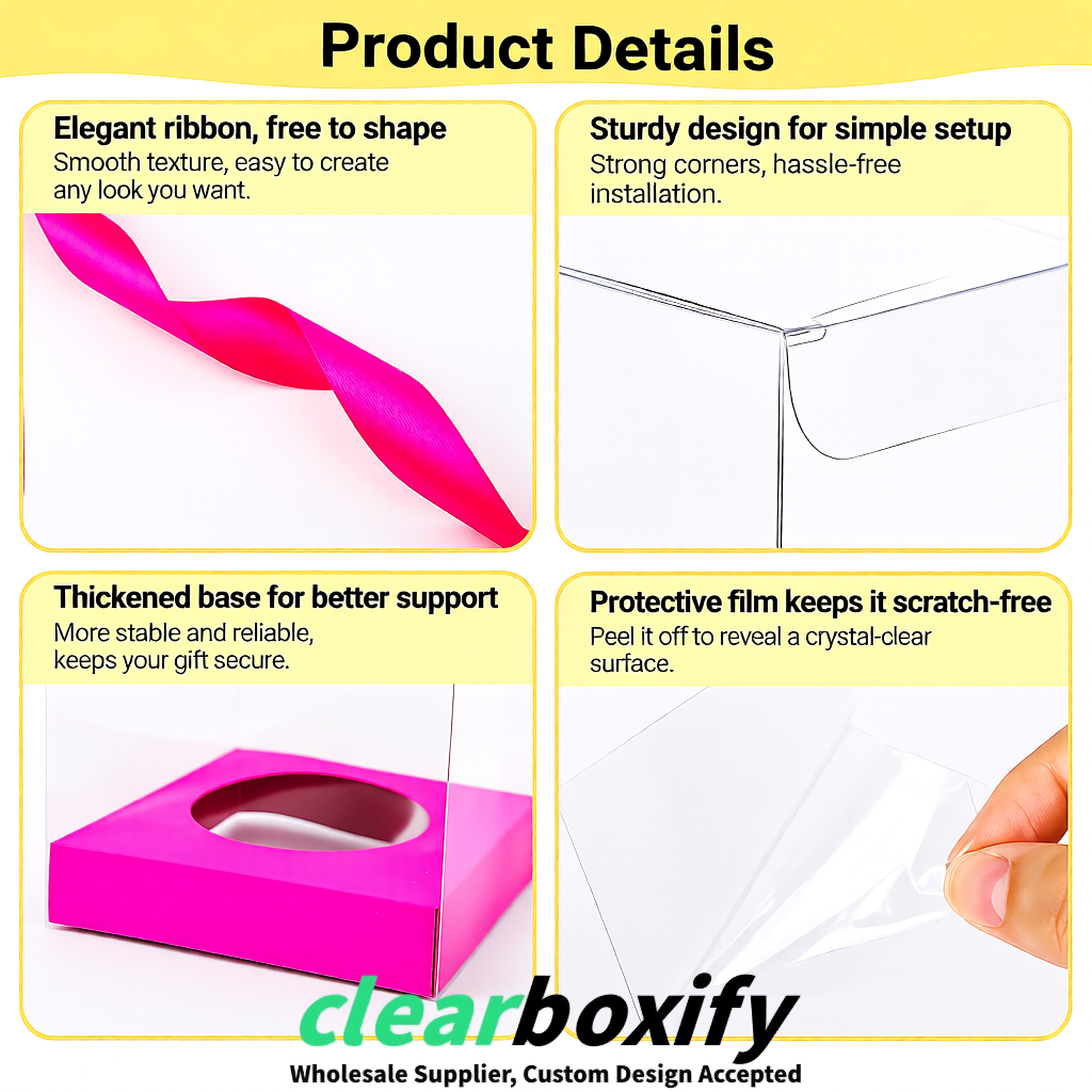 Clear Individual Cupcake Boxes with Neon Pink Base Square 3.5 inch Plastic Cupcake Carrier with Ribbon
