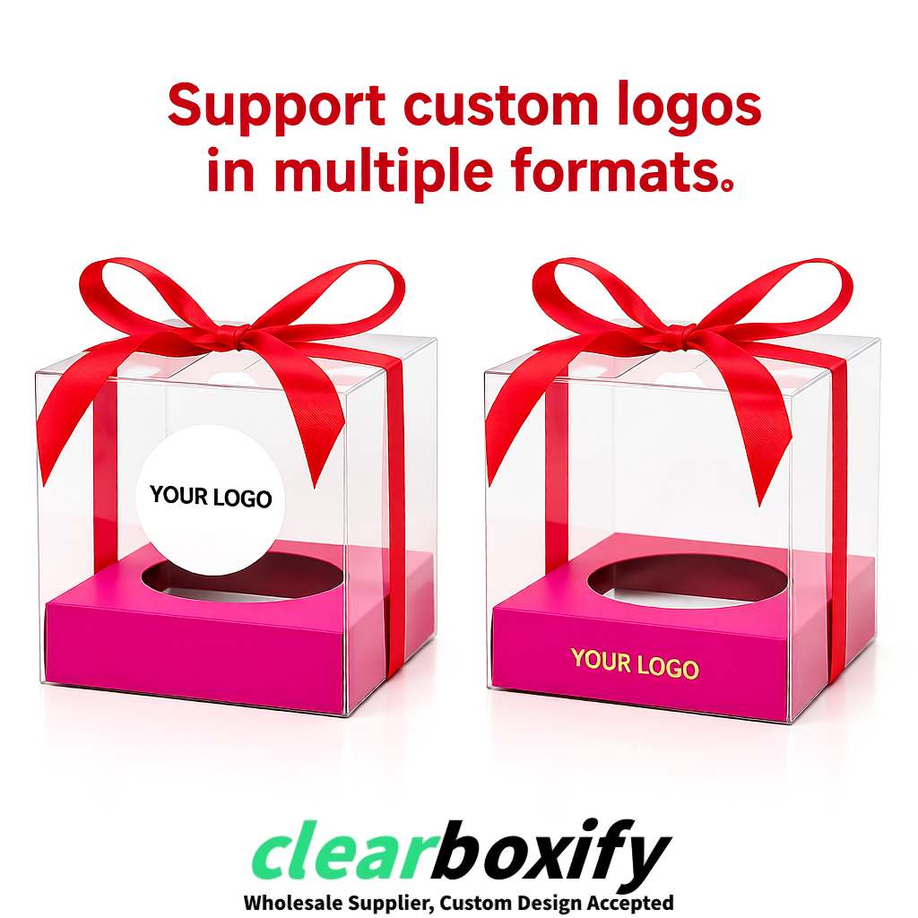 Clear Individual Cupcake Boxes with Neon Pink Base Square 3.5 inch Plastic Cupcake Carrier with Ribbon