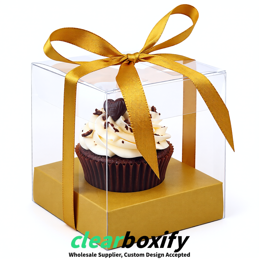 Clear Individual Cupcake Boxes with Ochre Base Square 3.5 inch Plastic Cupcake Carrier with Ribbon