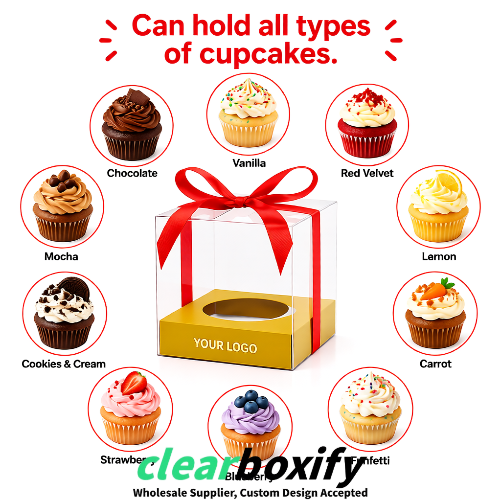 Clear Individual Cupcake Boxes with Ochre Base Square 3.5 inch Plastic Cupcake Carrier with Ribbon