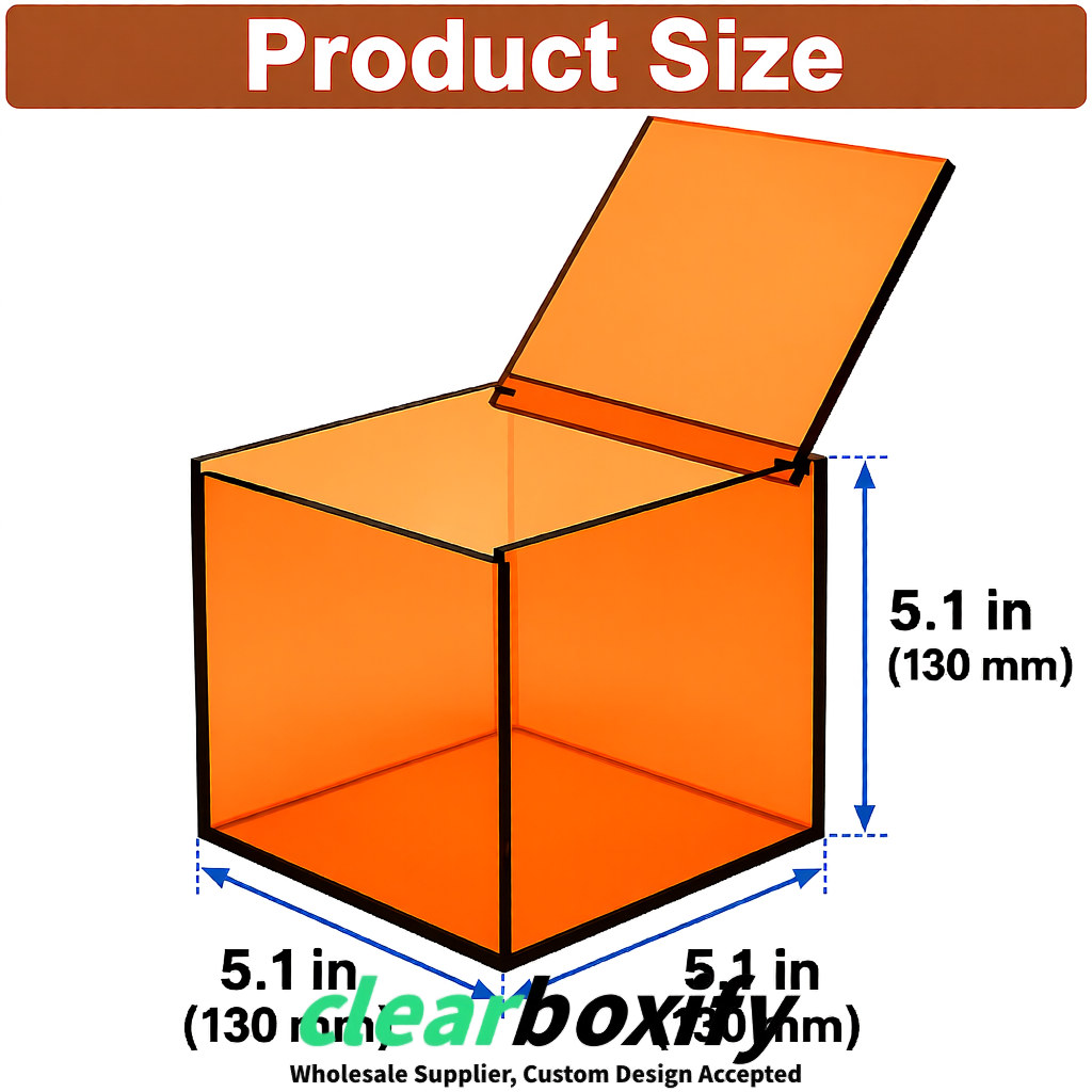 Orange Clear Acrylic Square Boxes With Lid 5x5x5 inch Anti Dust Durable Storage Box