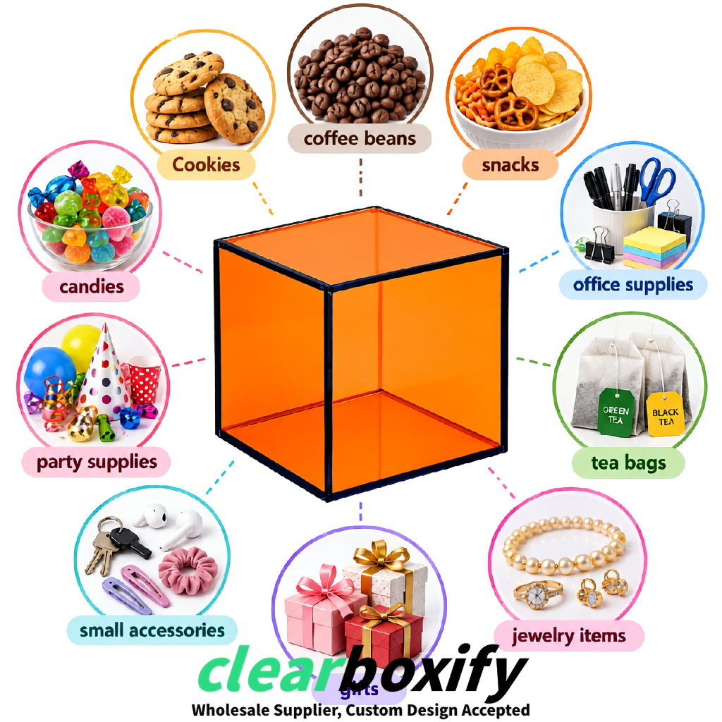 Orange Clear Acrylic Square Boxes With Lid 5x5x5 inch Anti Dust Durable Storage Box