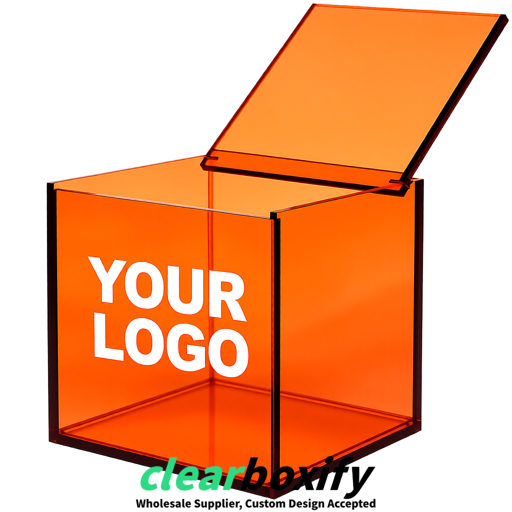 Orange Clear Acrylic Square Boxes With Lid 5x5x5 inch Anti Dust Durable Storage Box
