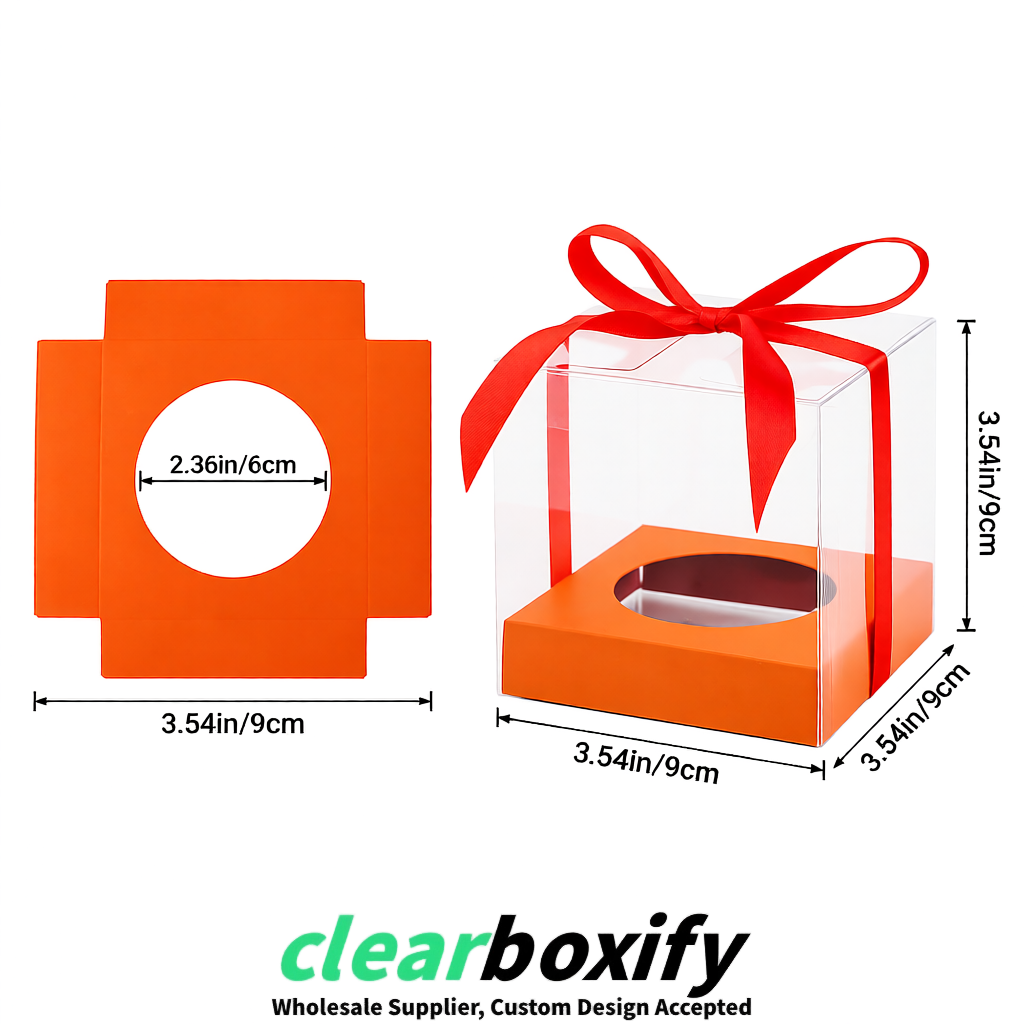 Clear Individual Cupcake Boxes with Orange Base Square 3.5 inch Plastic Cupcake Carrier with Ribbon