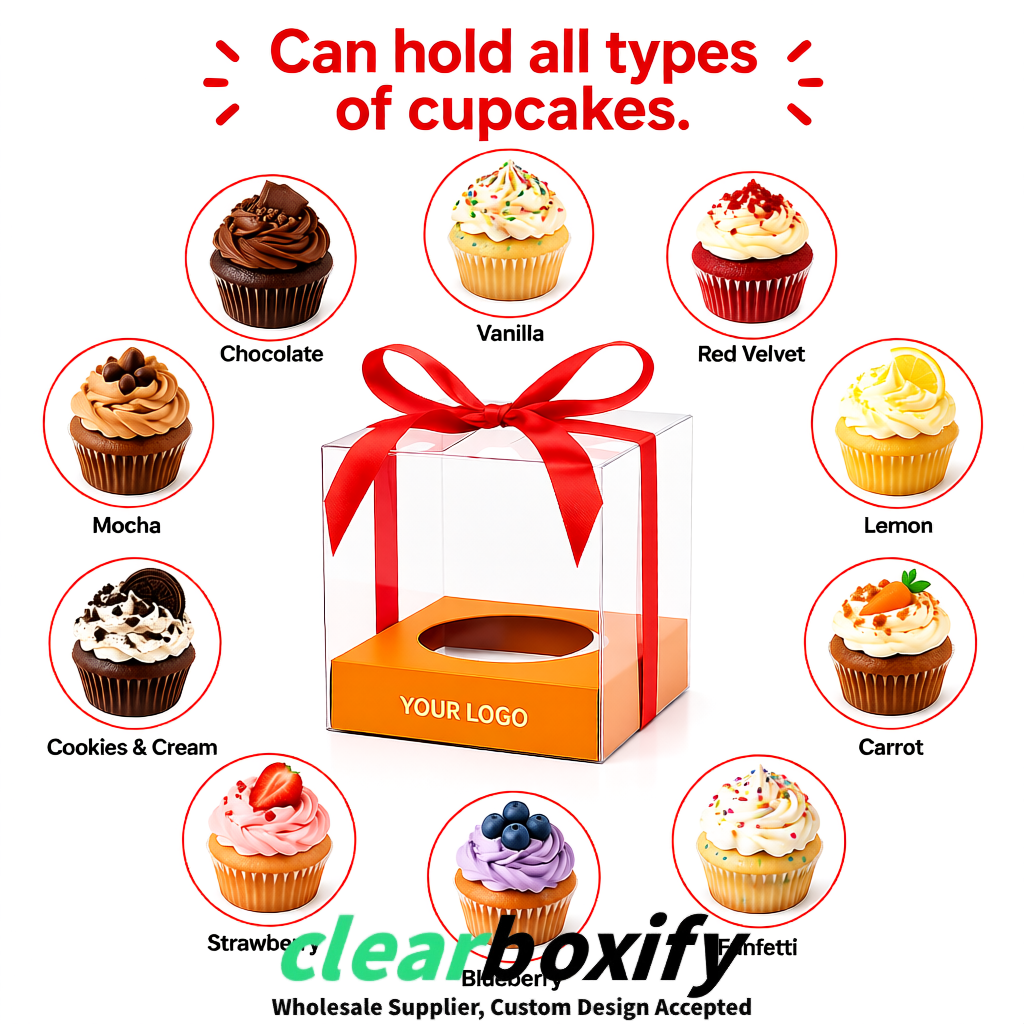 Clear Individual Cupcake Boxes with Orange Base Square 3.5 inch Plastic Cupcake Carrier with Ribbon