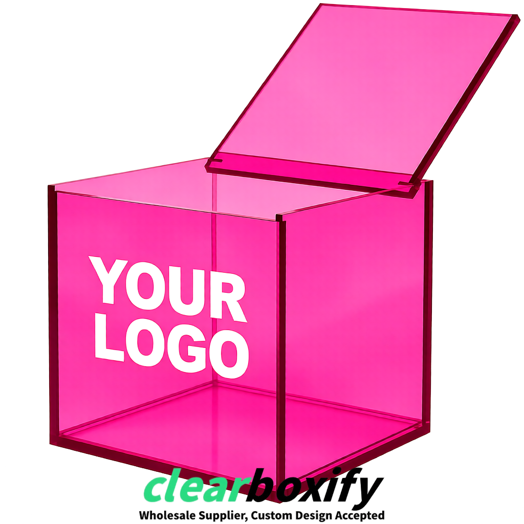 Pink Clear Acrylic Square Boxes With Lid 5x5x5 inch Anti Dust Durable Storage Box