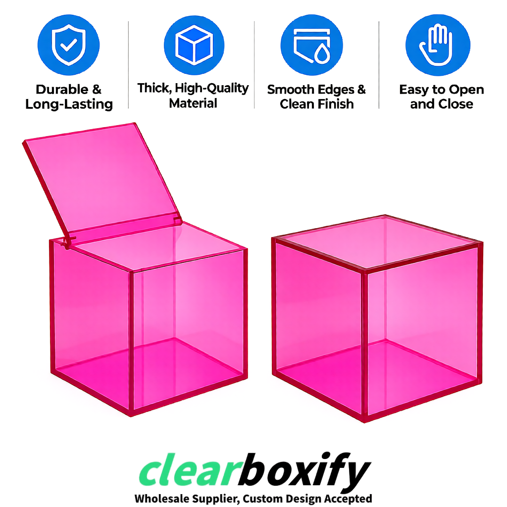 Pink Clear Acrylic Square Boxes With Lid 5x5x5 inch Anti Dust Durable Storage Box
