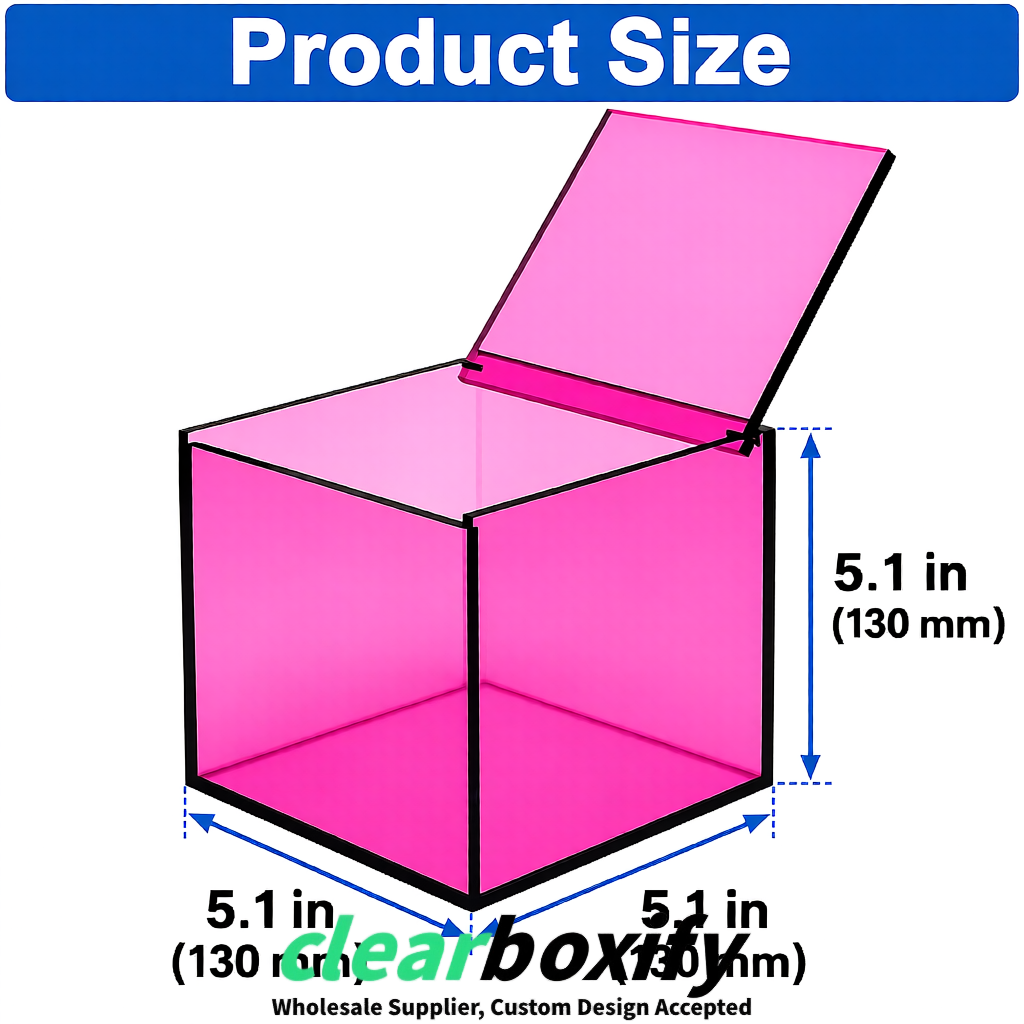 Pink Clear Acrylic Square Boxes With Lid 5x5x5 inch Anti Dust Durable Storage Box