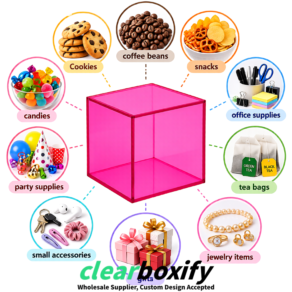 Pink Clear Acrylic Square Boxes With Lid 5x5x5 inch Anti Dust Durable Storage Box