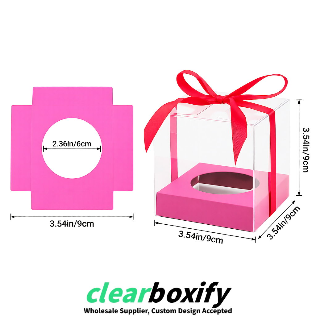 Clear Individual Cupcake Boxes with Pink Base Square 3.5 inch Plastic Cupcake Carrier with Ribbon