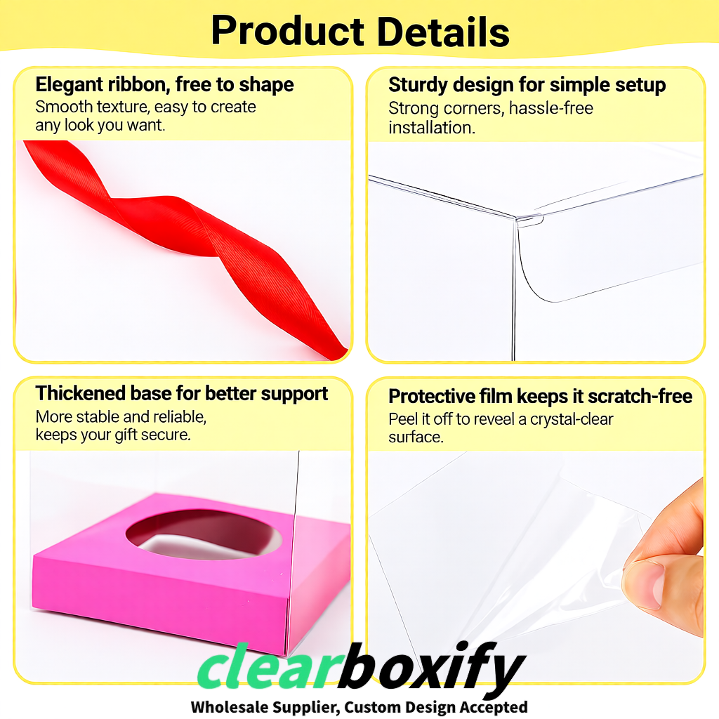 Clear Individual Cupcake Boxes with Pink Base Square 3.5 inch Plastic Cupcake Carrier with Ribbon