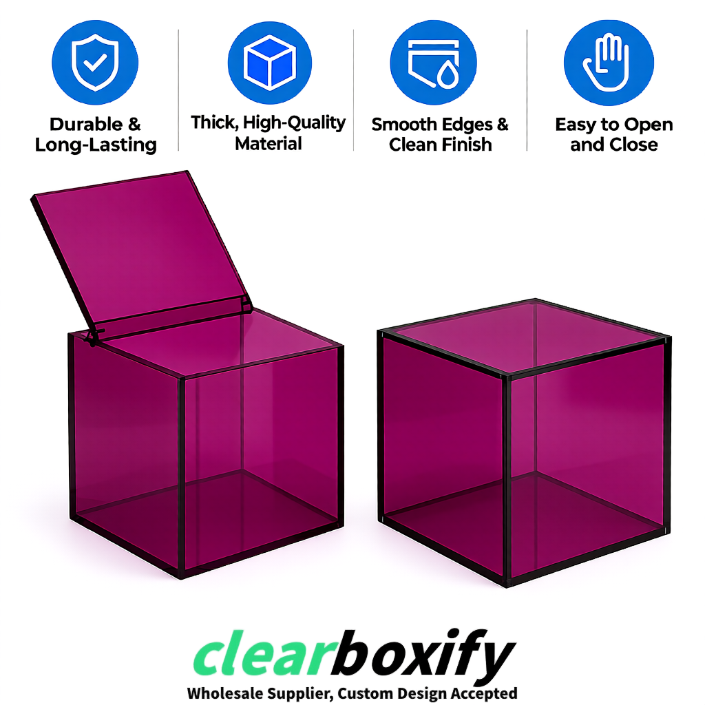 Plum Clear Acrylic Square Boxes With Lid 5x5x5 inch Anti Dust Durable Storage Box