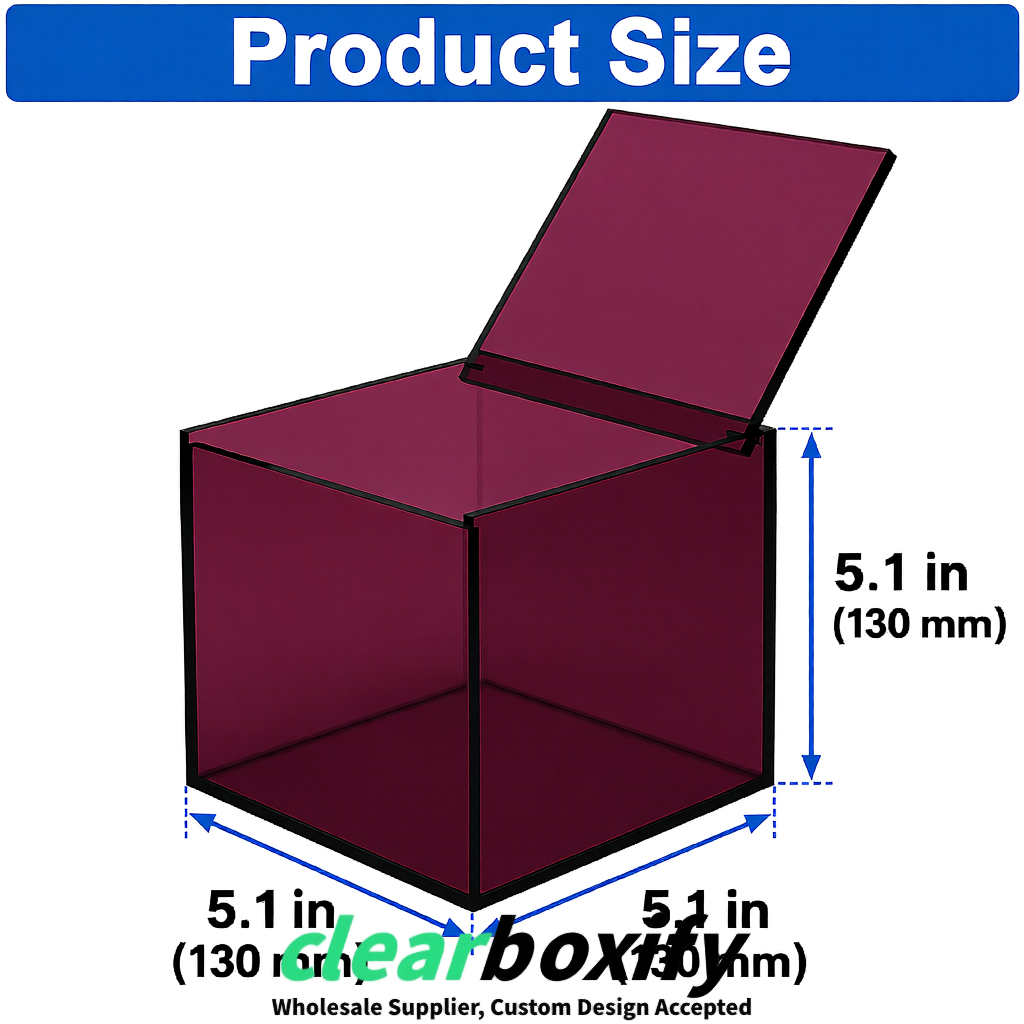 Plum Clear Acrylic Square Boxes With Lid 5x5x5 inch Anti Dust Durable Storage Box