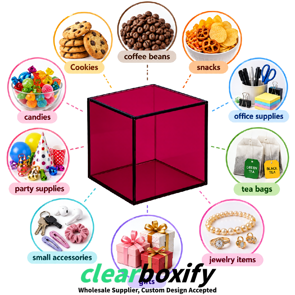 Plum Clear Acrylic Square Boxes With Lid 5x5x5 inch Anti Dust Durable Storage Box