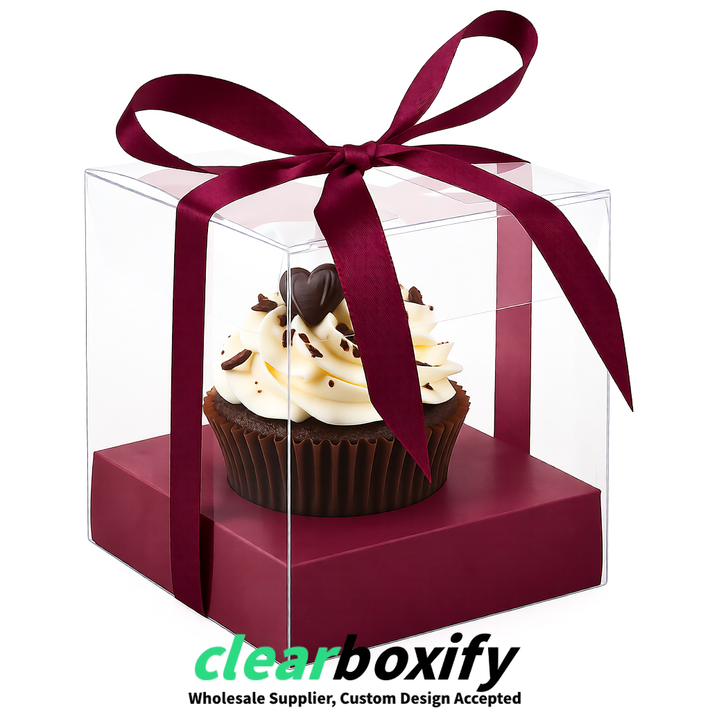 Clear Individual Cupcake Boxes with Plum Base Square 3.5 inch Plastic Cupcake Carrier with Ribbon