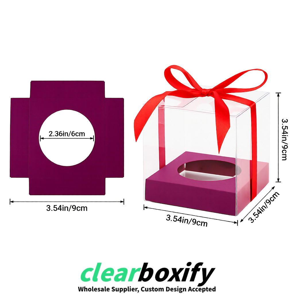 Clear Individual Cupcake Boxes with Plum Base Square 3.5 inch Plastic Cupcake Carrier with Ribbon